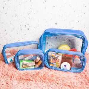 TRAVEL TIME Clear Travel Toiletry Bag Set 4 Piece Blue Cosmetic Makeup Organizer